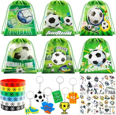 Thijox - Voetbalfeest Cadeautjes voor Kinderen - 6 Voetbal Zakjes met Trekkoord, 6 Siliconen Armbanden, 6 Sleutelhangers, 10 Voetbaltattoos - Feestart