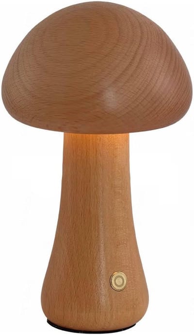 Houten Paddestoel Lamp - Draadloze Sfeerverlichting - Decoratieve Verlichting - Oplaadbaar Dimbaar - 10.9 x 9 Cm - Beige