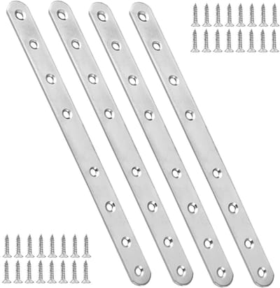 Set van 4 RVS Rechte Platenbeugels 24.5 x 2.5 cm met 32 Schroeven voor Meubelverbindingen en Stevige Bevestiging