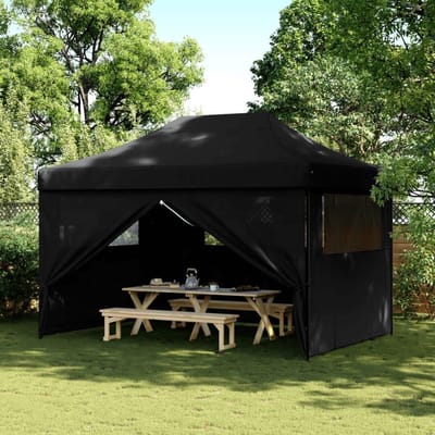 Gecheer Opvouwbare pop-up tent met 4 wanden, zwart, outdoor-paviljoen, parasol, paviljoen, pergola met zeil, tuinpaviljoen, partytent, grillpaviljoen, A4005030