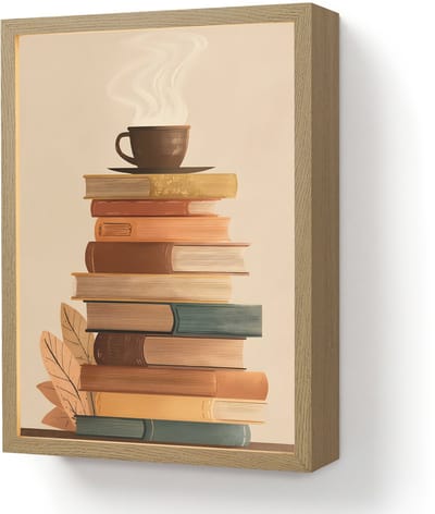 Wandlamp 30x40 cm - Oplaadbaar - Boeken - Toren - Koffie - Beige - Wandlampen binnen woonkamer - Slaapkamer lamp - Decoratieve nachtlamp - Vloerlamp draadloos