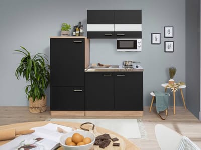 Goedkope keuken 160  cm - complete kleine keuken met apparatuur Luis - Eiken/Zwart - elektrische kookplaat  - koelkast        - magnetron - mini keuken - compacte keuken - keukenblok met apparatuur