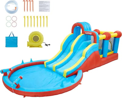 8-in-1 Opblaasbaar Waterpark voor kinderen | Groot zwembad, dubbele glijbaan, klimwanden, opblaasbaar kasteel, stevig oxford-doek, 550W blazer, extra veiligheid, complete set