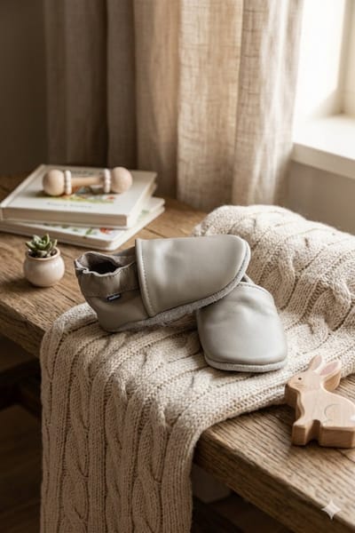 Stabifoot Babyslofjes – Zacht Leer – Cadeaudoos - Linnen zakje - Barefoot - GREY 0 - 3
