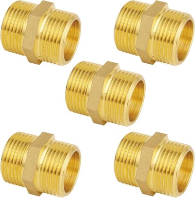 5-delige dubbele nippel 3/4" (Ø 25.7mm) messing met schroefdraad, hexagonale connectoren voor leidingen, geschikt voor sanitair en hydraulische toepassingen
