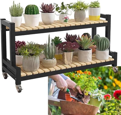 Plantenstandaard met Wielen - Bloemenrek Opbergrek - Planten Presenteren - Trapeziumvormig Ontwerp - 80-120 cm Breed - Zwart