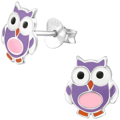 Joy|S - Zilveren uil oorbellen - 8 mm - paars roze - kinderoorbellen
