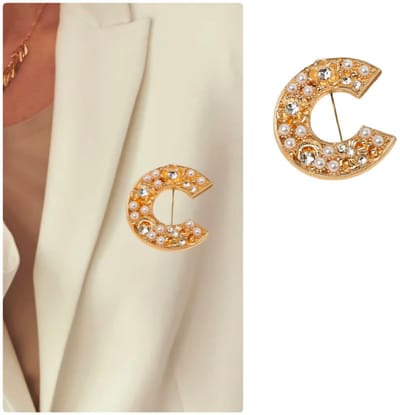 Broche C Kristal parels goudkleurig – Blouse, Trui, T-shirt of Jurk - Kledingsieraden Feest| Gala| Broche bloem voor Bruiloft en feest- Verjaardag| Cadeau moederdag