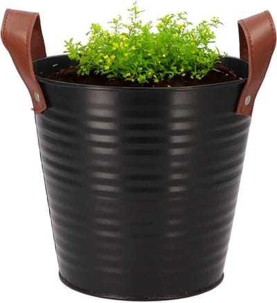 DK Design Plantenpot/bloempot emmer Leather- zink - zwart - D18 x H17 cm