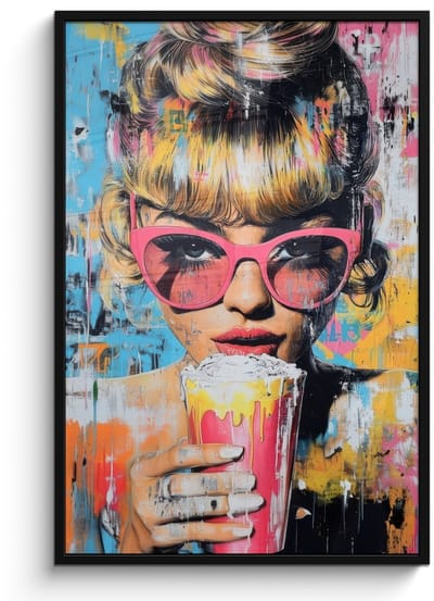 Poster in lijst - Fotolijst 80x120 cm - Posters - Zonnebril - Vrouw - Kleurrijk - Verfspetters - Posterlijst zwart - Decoratie - Wanddecoratie woonkamer - Muurdecoratie slaapkamer