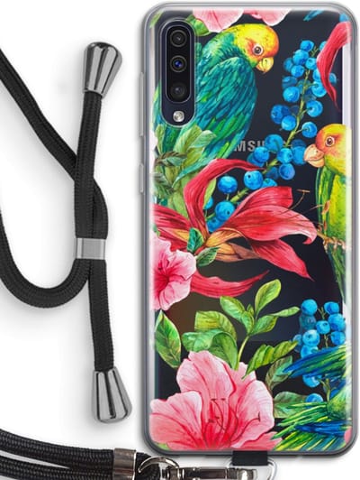 Case Company® - Hoesje met koord geschikt voor Samsung Galaxy A50 hoesje met Koord - Papegaaien - Telefoonhoesje met Zwart Koord - Bescherming aan alle Kanten en Over de Schermrand