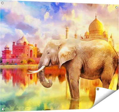 Gards Tuinposter Getekende Olifant bij Taj Mahal - Abstract - 100x80 cm - Tuindoek - Tuindecoratie - Wanddecoratie buiten - Tuinschilderij
