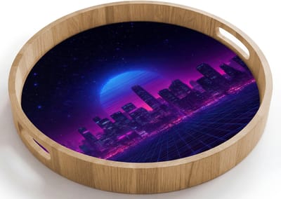Dienblad rond 40x40 cm - Schootdienblad hout - Skyline - Zon - Neon - Rasterpatroon - Borrelplank rechthoek - Plateau houten dienbladen