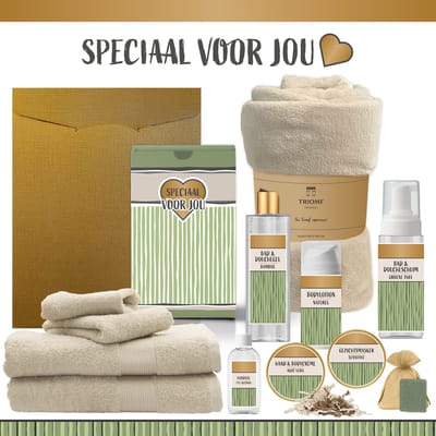 Geschenkset “Speciaal voor jou!” - 12 producten - 1910 gram | Triomf Groene Strepen - Giftset voor haar hem Cadeau Luxe Wellness Pakket Vrouw Man Speciaal Cadeaupakket Geschenk Verjaardag Kerst Kerstpakket Gift Set Giftset Groen Beige