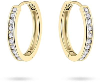 Jewels Inc. - Oorbellen - Oorringen met Scharnier - 1 baan Railgezet met Zirkonia - 2mm Breed - 15mmØ - 14 Karaat Geelgoud