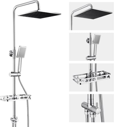 DERW Max Regendouche - Doucheset Chroom - Met Doucherek Badkamerrek - 10 inch Douchekop - Verstelbare Hoogte 72-110 cm - Vierkant Design - Duurzame Messing Omsteller voor Badkamer - Chroom