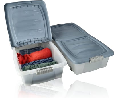 Opbergbox Set van 2 -Onderbedbox 32L - Opbergbox met Wieltjes - Transparant Blauw - 79x39x17 cm - Handdoeken, Keukenspullen en Slaapkamer- OP-320