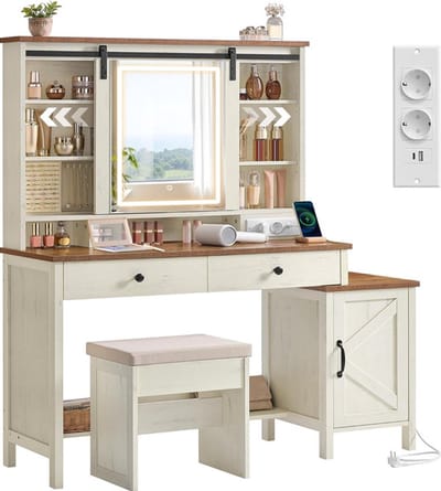 Sierra, LIRY Collectie - Kaptafel met spiegel en verlichting, kaptafel in landelijke stijl met kruk, oplaadstation, 2 lades, sieradenopbergruimte, vintage wit en honingbruin RDT136W01