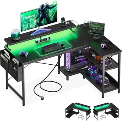 Gaming Bureau L-vorm - Hoekbureau met LED Verlichting, USB-poorten en Stopcontacten - Computerbureau met Monitorstandaard en Opberghaak - Ergonomisch Bureau voor Gaming, Thuiswerken en Studie - Zwart