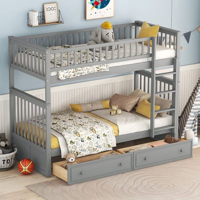 MEUNIQ Stapelbed 90x200 cm met 2 lades, om te bouwen tot 2 eenpersoonsbedden, grenen en MDF, met veiligheidsrail, kinderkamer, grijs