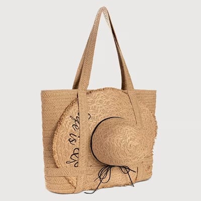 Strandtas met Hoed Dames XL – Gevlochten Rieten Shopper met Ritssluiting – Beige Zomertas voor Strand, Vakantie & Shopping