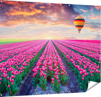 Gards Tuinposter Bloemenveld met Roze Tulpen - Luchtballon - 150x120 cm - Tuindoek - Tuindecoratie - Wanddecoratie buiten - Tuinschilderij