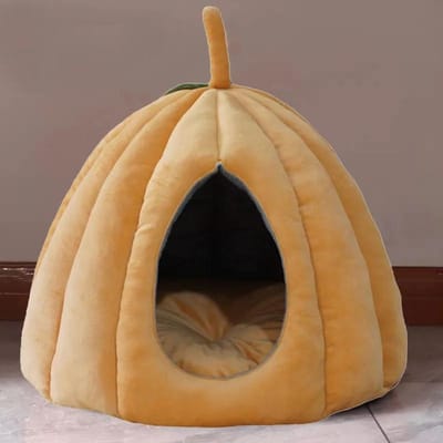 Maison pour chat Lit pour chien de compagnie Chenil Hiver Chaud Entièrement fermé Maison de couchage confortable Citrouille Tapis pour chiot Nid pour chat Fournitures pour lit pour animaux de compagnie M-40x40x36cm beige