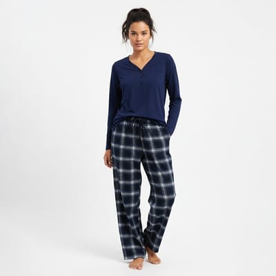 La-V pyjamaset voor dames met geruite flanel broek en V hals met knoopjes - Donkerblauw S