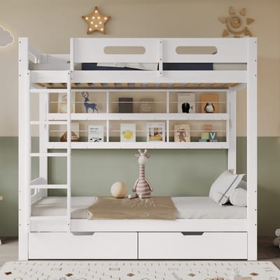 Stapelbed - 90x200 cm - met 2 Lades en Open Plank - inclusief Ladder - Grenen en MDF - Wit
