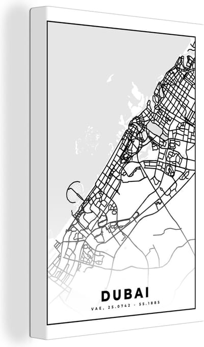 Canvas Schilderij Dubai - Kaart - Stadskaart - Plattegrond - Zwart Wit - 20x30 cm - Wanddecoratie