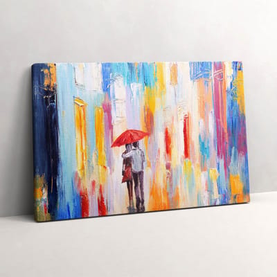 Wallfluent Foto Op Canvas Abstract concept van de wereld - koppel in de regen - 60 x 40 cm - Veelkleurig Canvas Schilderij - Liefde Foto Canvas - Imitatie van een olieverfschilderij Schilderij Op Doek - Liefde Schilderij Op Canvas
