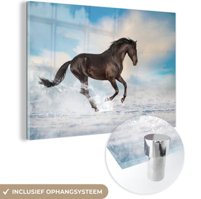 MuchoWow® Glasschilderij 60x40 cm - Schilderij acrylglas - Zwart paard in de sneeuw - Foto op glas - Schilderijen