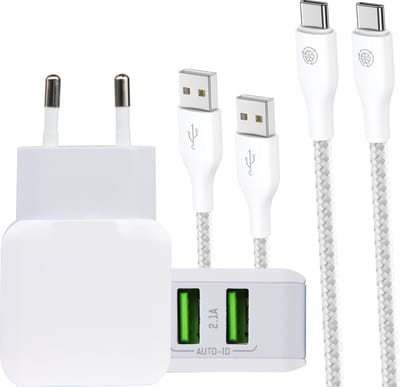 Usb Lader 2 Poorten + 2x usb naar usb C Kabel - 2 Meter usb-C Kabels - 10w Oplader - Universeel