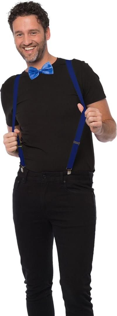 Carnaval verkleedset bretels en strik - donkerblauw - volwassenen/unisex - feestkleding accessoires