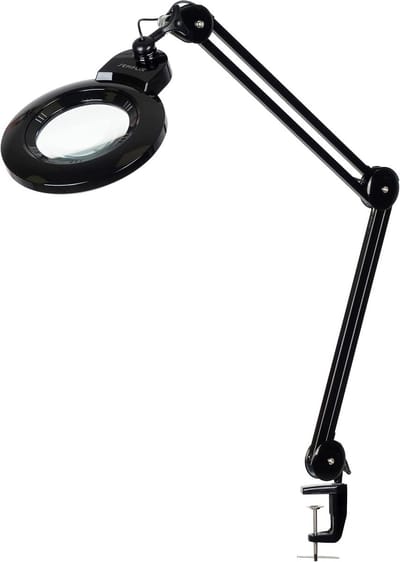 LED vergrootglas tafellamp met zwenkarm en tafelklem - 60 LED's - lens 127mm - 4-voudig dimbaar - zwart