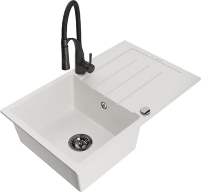 Mexen Bruno granieten spoelbak 1-komers met afdruiprek en keukenmengkraan Aster, wit - 6513-20-73450-70-B