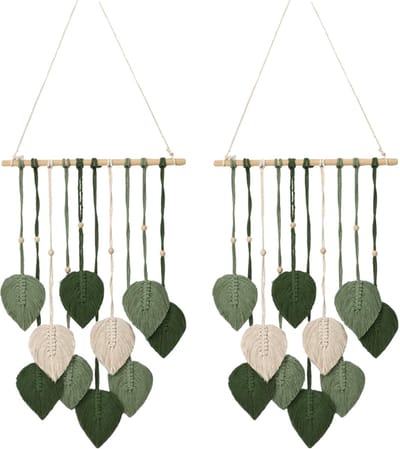 Famanu – Set van 2 wanddecoraties - handgemaakt - geweven tapijt - boho groen - houten kralen - woonkamer - hal