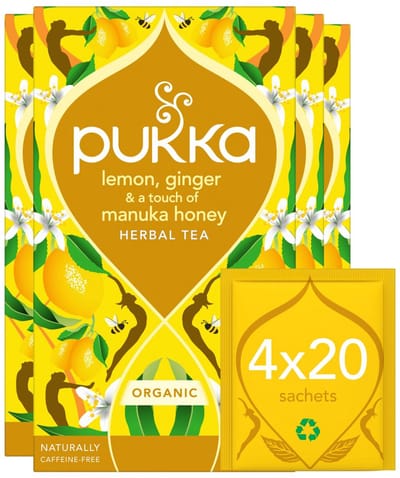 Pukka Tea Lemon, Ginger & Manuka Honey - 80 Theezakjes - Biologische Kruidenthee Citroen, Gember, Honing - 4 x 20 Zakjes - Thee Voordeelverpakking