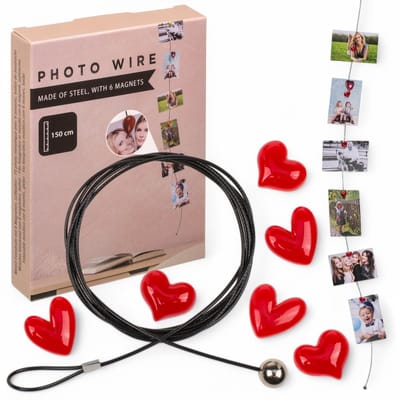 Dailygoods- Fotodraad 150 cm - Stalen Fototouw - Magneten Hartvormig (6 stuks) - Eenvoudige Wandmontage - Flexibel en Creatief - Perfect voor Foto's en Notities - Foto Ophangsystemen