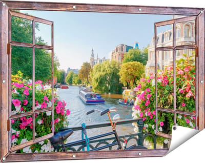 Gards Tuinposter Doorkijk Amsterdamse Kanaal met Bloemen - 120x80 cm - Tuindoek - Tuindecoratie - Wanddecoratie buiten - Tuinschilderij