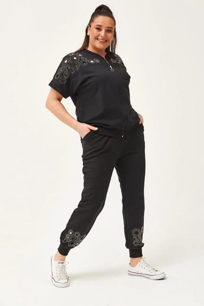 Dames Trainingspak Large Zwart - Zomer Kortmouw Transparante Snit Steen Bedrukte - L Tracksuit Joggingpak Huispak