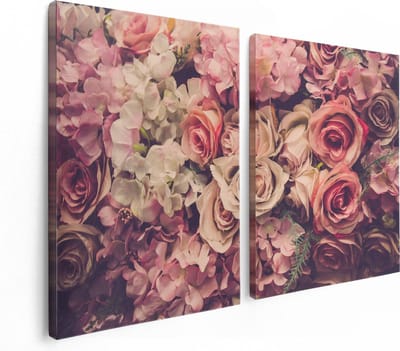 Artaza Canvas Schilderij Tweeluik Roze Rozen Achtergrond - Retro - Bloemen - 120x80 cm - Wanddecoratie Woonkamer - Schilderijen - Muurdecoratie