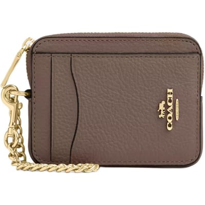 Coach Kaarthouder Met Metalen Logo Ritssluiting In Korrelig Leer Dames Kaarthouder Dark-Stone 6303-IMV2R Dark Stone beige
