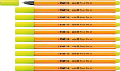 STABILO point 88 - Premium Fineliner - Fine 0,4 mm – Neon Geel – Doos 10 stuks