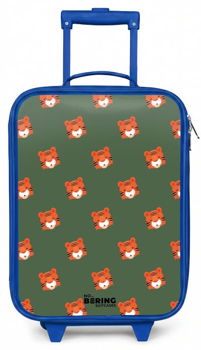 NoBoringSuitcases.com® - Kinderkoffer blauw - Kindertrolley jongen - Tijger turbulentie - Koffer kind lichtgewicht - Reiskoffer trolley voor kinderen - Koffertje met lichtgevende wieltjes - Rolkoffer