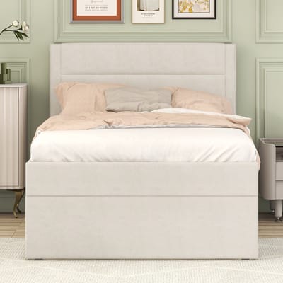 DESMIU Gestoffeerd Bed 90x200 cm – Eenpersoonsbed Met Lattenbodem – Ruime Opbergruimte Onder Bed – Voor Slaapkamer – Minimalistische Linnenlook – Beige – Zonder Matras