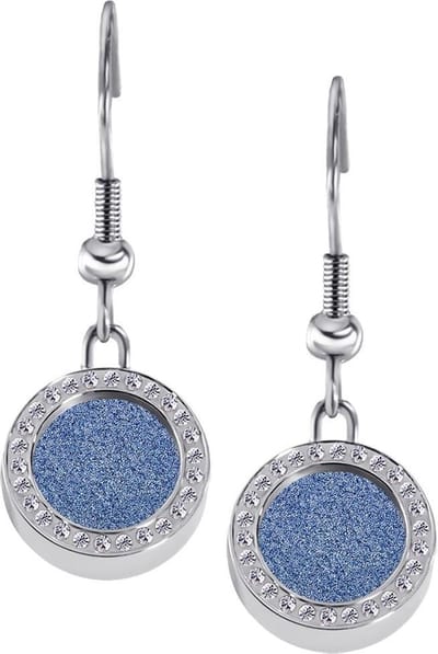 Quiges RVS Schroefsysteem Oorhangers Oorbellen Zilverkleurig met Zirkonia en Verwisselbare Glitter Blauw Mini Munt Set - ECOS164