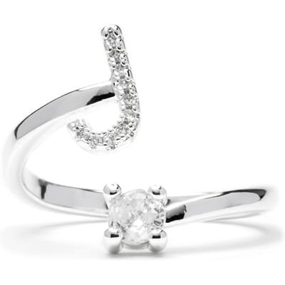 Ring - LUXENTER - Alfabet Letter J - Verstelbare maat - Rhodiumplated - Zilverkleurige Zirconia wit
