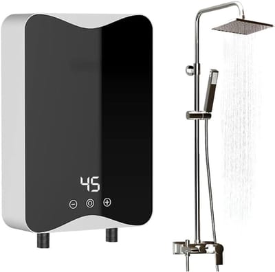 Elektrische doorstroomverwarmer – compact en snel opwarmend – geschikt voor keuken of douche – thermostatisch – inclusief doucheset en kraan – direct warm water binnen 3 seconden.