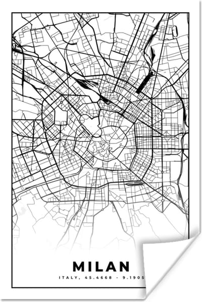 Poster Milaan - Stadskaart - Zwart Wit - Plattegrond - Kaart - 120x180 cm XXL